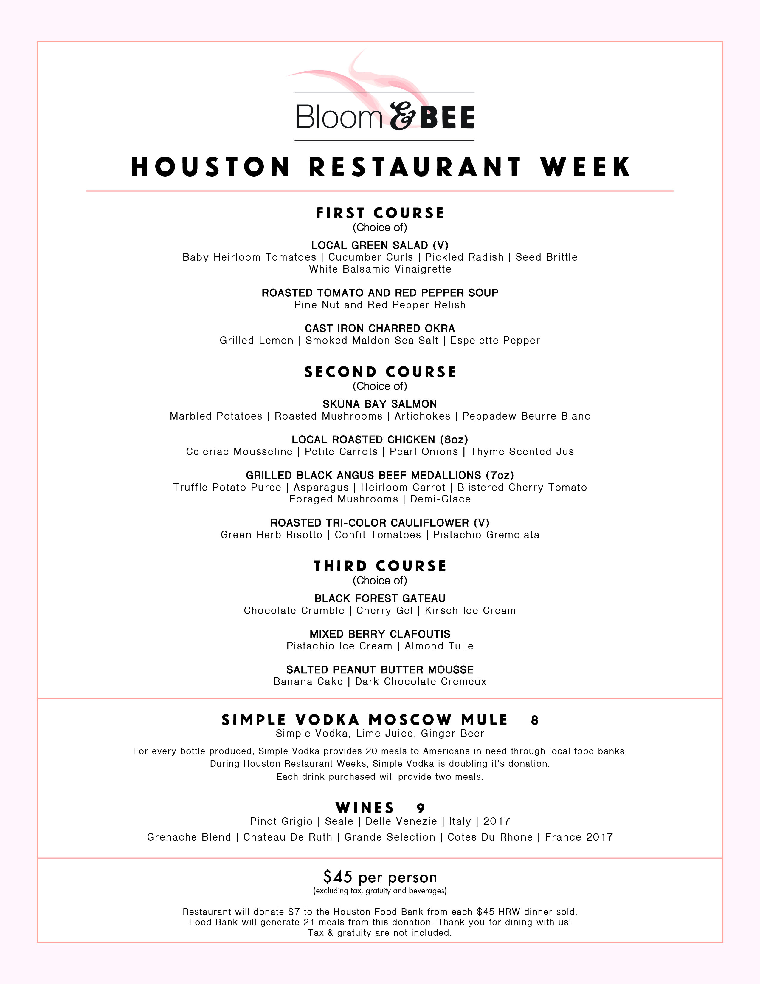 Bloom & Bee Houston Restaurant Weeks